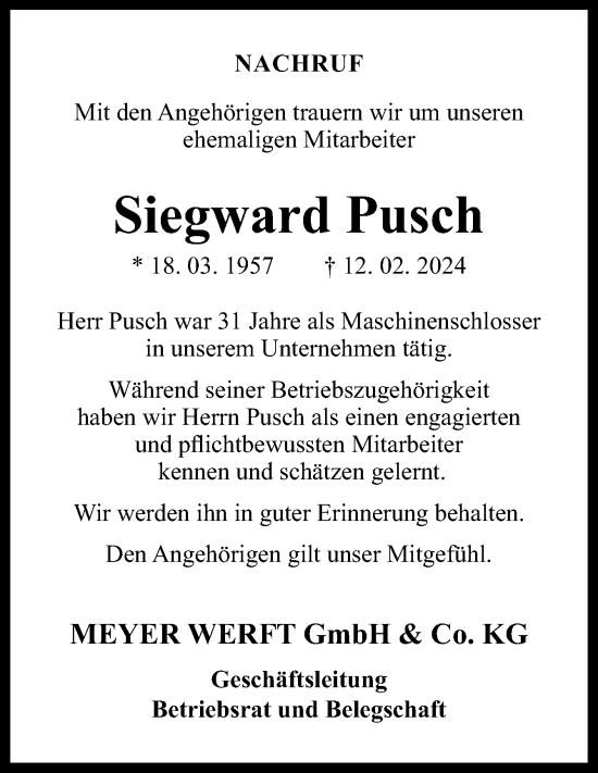 Traueranzeige von Siegward Pusch von Neue Osnabrücker Zeitung GmbH & Co. KG