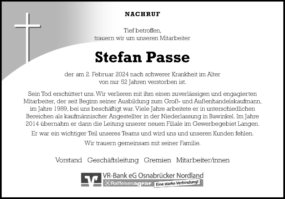  Traueranzeige für Stefan Passe vom 08.02.2024 aus Neue Osnabrücker Zeitung GmbH & Co. KG