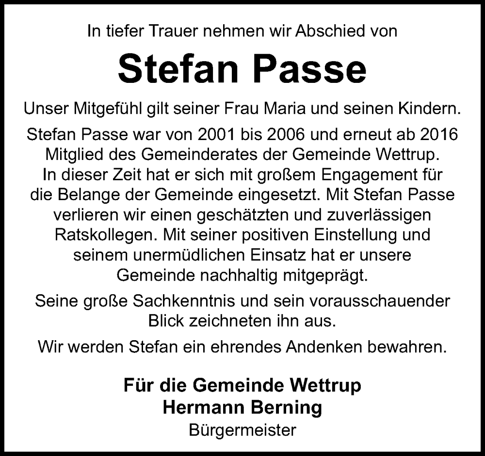  Traueranzeige für Stefan Passe vom 08.02.2024 aus Neue Osnabrücker Zeitung GmbH & Co. KG