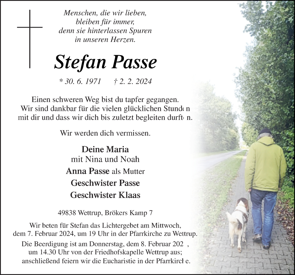  Traueranzeige für Stefan Passe vom 06.02.2024 aus Neue Osnabrücker Zeitung GmbH & Co. KG