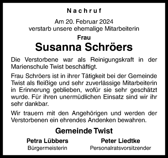 Traueranzeige von Susanna Schröers von Neue Osnabrücker Zeitung GmbH & Co. KG