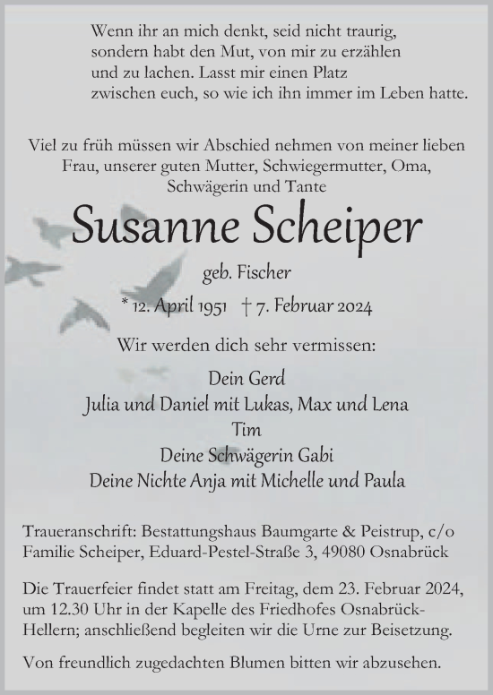 Traueranzeige von Susanne Scheiper von Neue Osnabrücker Zeitung GmbH & Co. KG