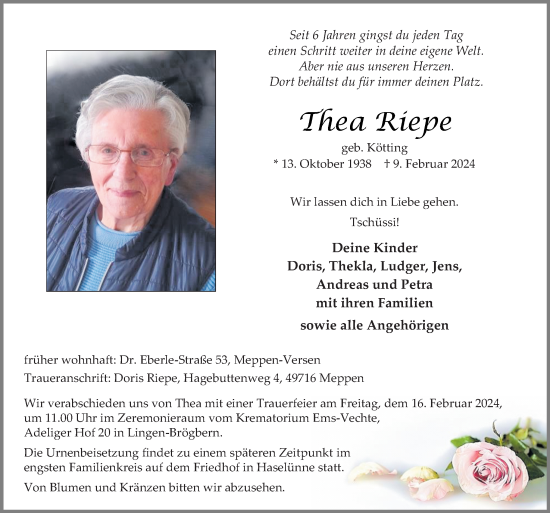 Traueranzeige von Thea Riepe von Neue Osnabrücker Zeitung GmbH & Co. KG