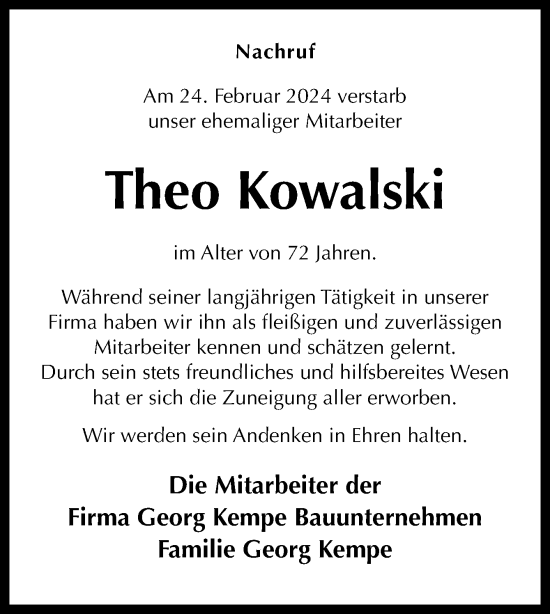 Traueranzeige von Theo Kowalski von Neue Osnabrücker Zeitung GmbH & Co. KG