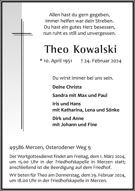 Traueranzeige von Theo Kowalski von Neue Osnabrücker Zeitung GmbH & Co. KG