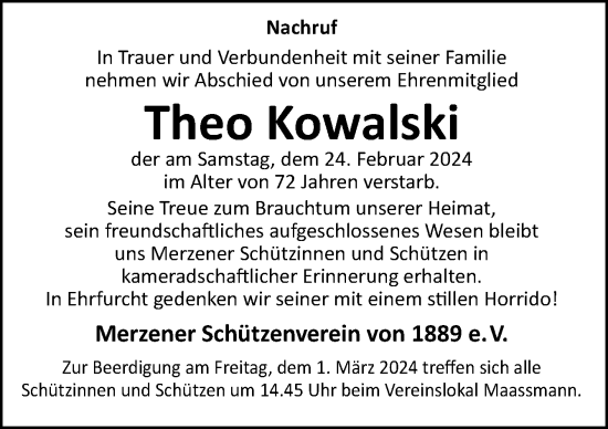 Traueranzeige von Theo Kowalski von Neue Osnabrücker Zeitung GmbH & Co. KG