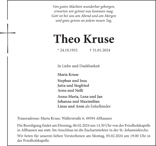 Traueranzeige von Theo Kruse von Neue Osnabrücker Zeitung GmbH & Co. KG