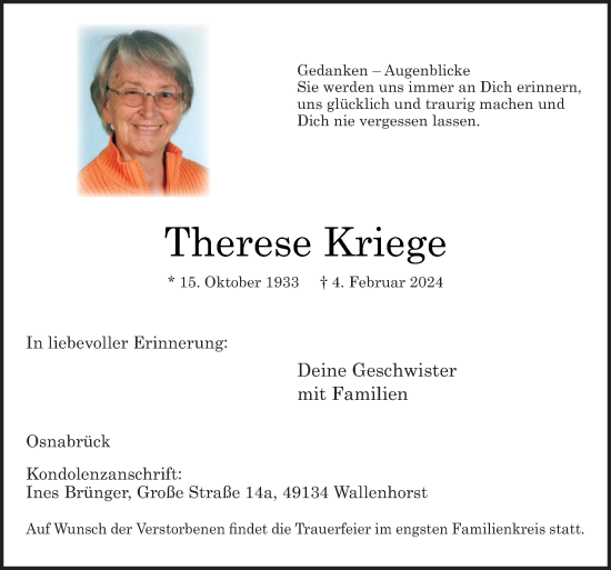 Traueranzeige von Therese Kriege von Neue Osnabrücker Zeitung GmbH & Co. KG