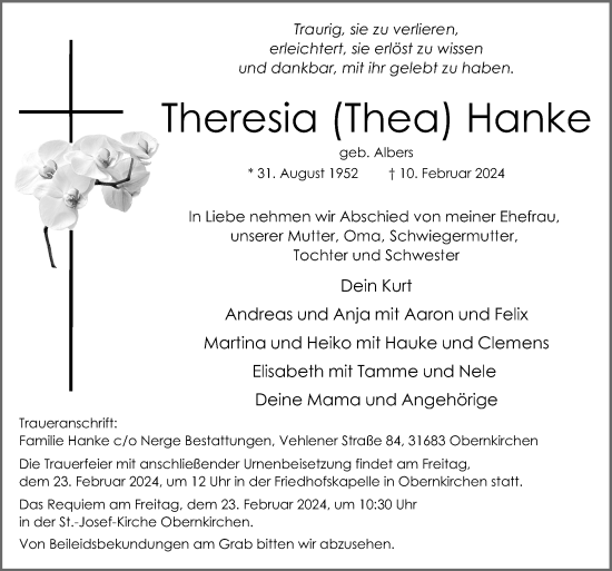 Traueranzeige von Theresia Hanke von Neue Osnabrücker Zeitung GmbH & Co. KG