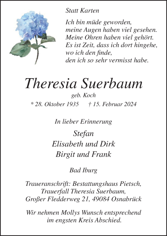 Traueranzeige von Theresia Suerbaum von Neue Osnabrücker Zeitung GmbH & Co. KG