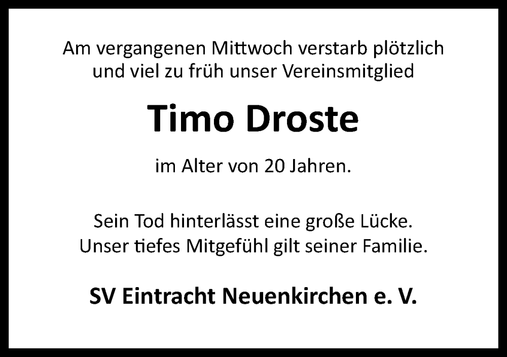  Traueranzeige für Timo Droste vom 27.02.2024 aus Neue Osnabrücker Zeitung GmbH & Co. KG