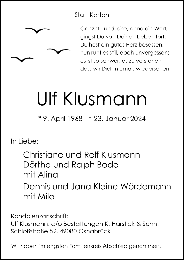  Traueranzeige für Ulf Klusmann vom 10.02.2024 aus Neue Osnabrücker Zeitung GmbH & Co. KG