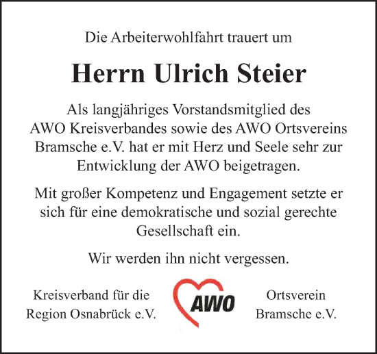 Traueranzeige von Ulrich Steier von Neue Osnabrücker Zeitung GmbH & Co. KG