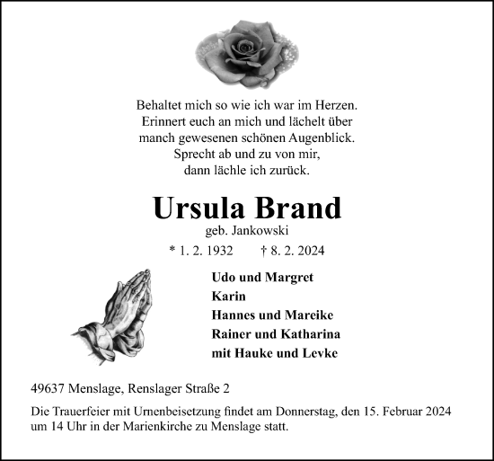 Traueranzeige von Ursula Brand von Neue Osnabrücker Zeitung GmbH & Co. KG