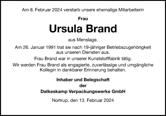 Traueranzeige von Ursula Brand von Neue Osnabrücker Zeitung GmbH & Co. KG