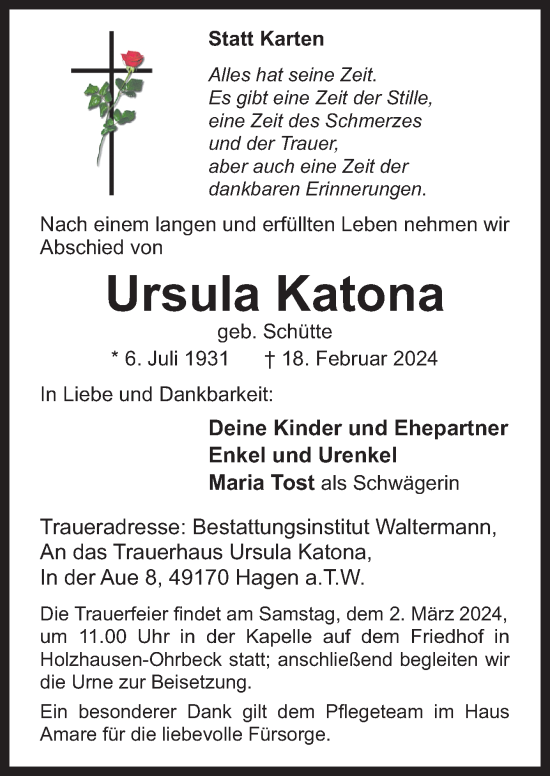 Traueranzeige von Ursula Katona von Neue Osnabrücker Zeitung GmbH & Co. KG