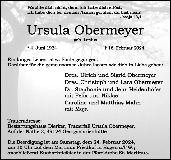 Traueranzeige von Ursula Obermeyer von Neue Osnabrücker Zeitung GmbH & Co. KG