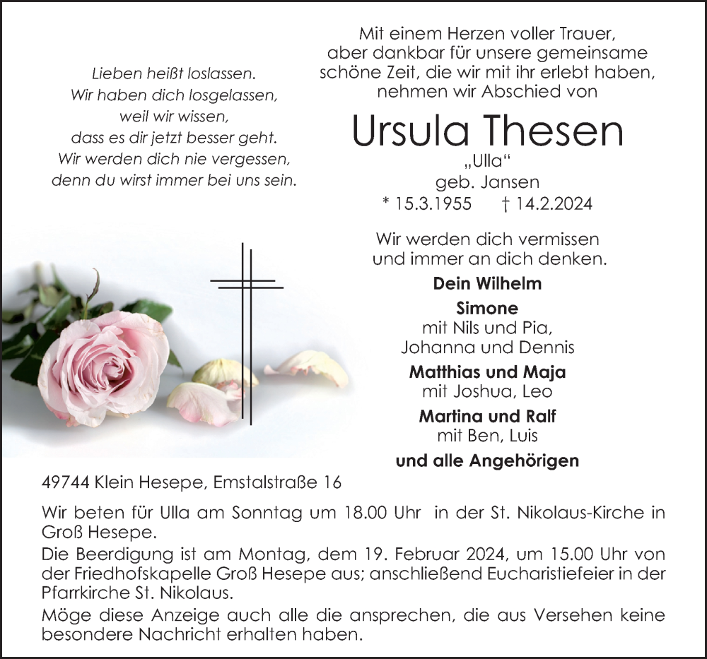  Traueranzeige für Ursula Thesen vom 16.02.2024 aus Neue Osnabrücker Zeitung GmbH & Co. KG
