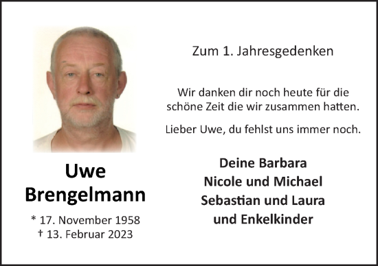 Traueranzeige von Uwe Brengelmann von Neue Osnabrücker Zeitung GmbH & Co. KG
