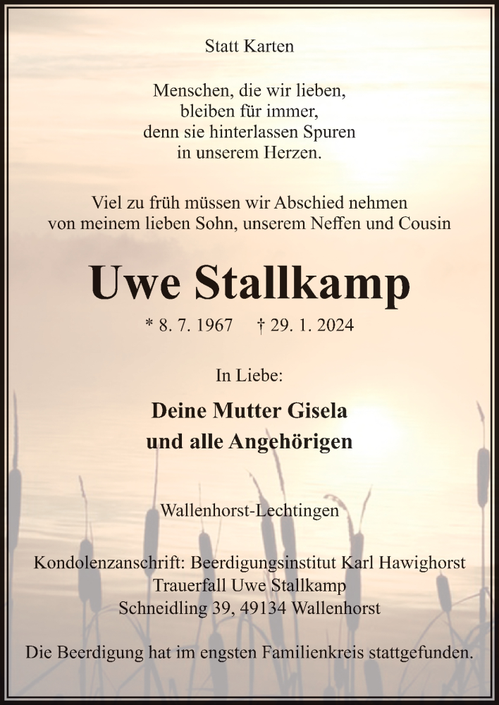  Traueranzeige für Uwe Stallkamp vom 10.02.2024 aus Neue Osnabrücker Zeitung GmbH & Co. KG