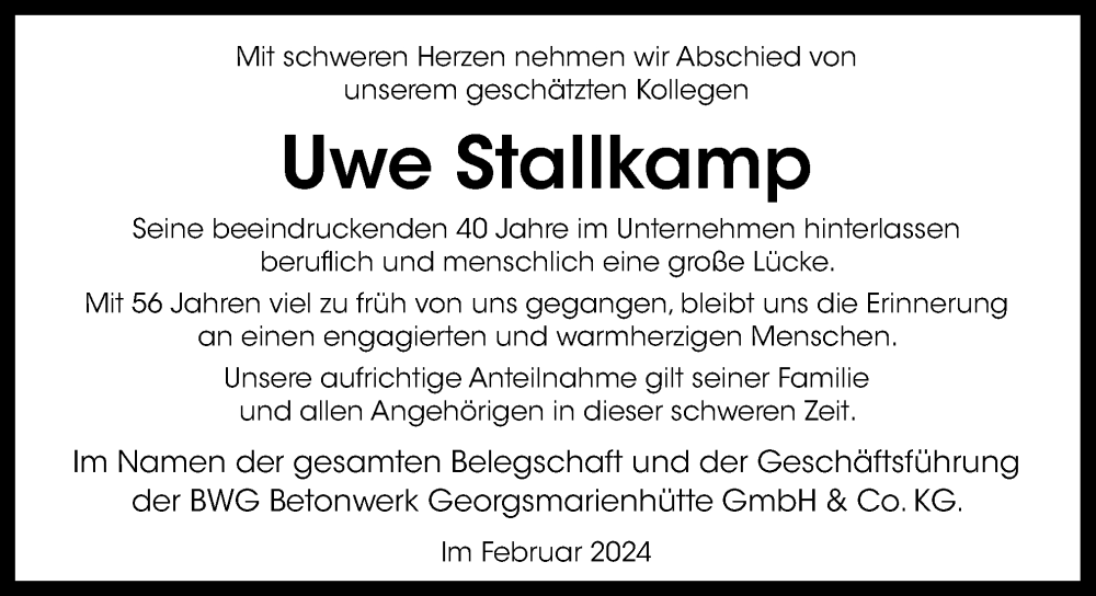  Traueranzeige für Uwe Stallkamp vom 10.02.2024 aus Neue Osnabrücker Zeitung GmbH & Co. KG