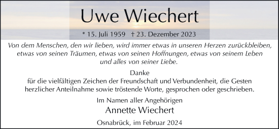 Traueranzeige von Uwe Wiechert von Neue Osnabrücker Zeitung GmbH & Co. KG