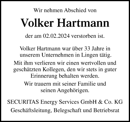 Traueranzeige von Volker Hartmann von Neue Osnabrücker Zeitung GmbH & Co. KG