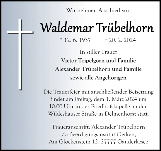 Traueranzeige von Waldemar Trübelhorn von DK Medien GmbH & Co. KG