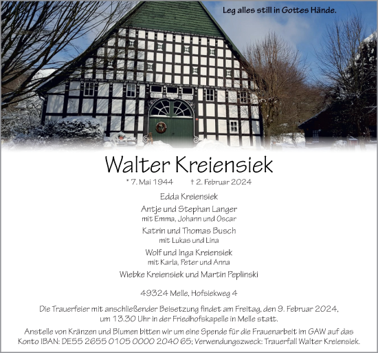 Traueranzeige von Walter Kreiensiek von Neue Osnabrücker Zeitung GmbH & Co. KG