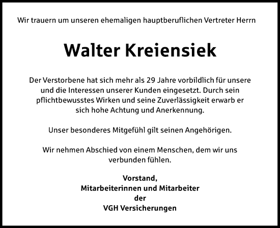 Traueranzeige von Walter Kreiensiek von Neue Osnabrücker Zeitung GmbH & Co. KG