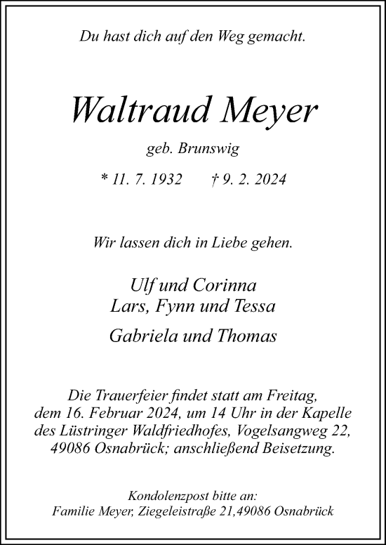 Traueranzeige von Waltraud Meyer von Neue Osnabrücker Zeitung GmbH & Co. KG