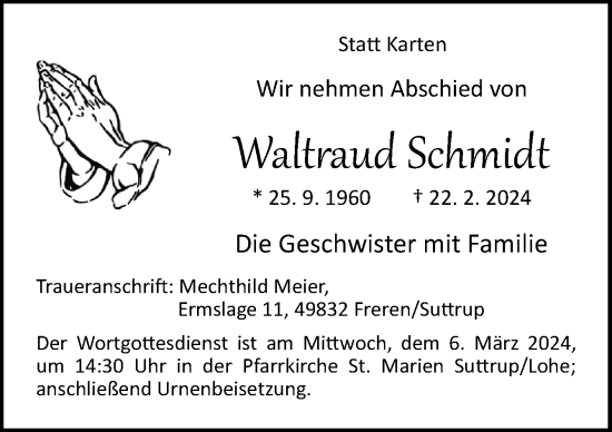 Traueranzeige von Waltraud Schmidt von Neue Osnabrücker Zeitung GmbH & Co. KG
