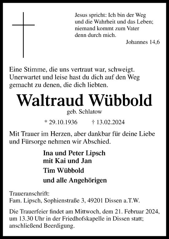 Traueranzeige von Waltraud Wübbold von Neue Osnabrücker Zeitung GmbH & Co. KG