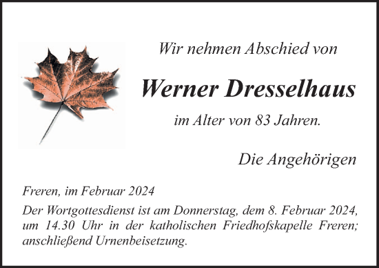 Traueranzeige von Werner Dresselhaus von Neue Osnabrücker Zeitung GmbH & Co. KG