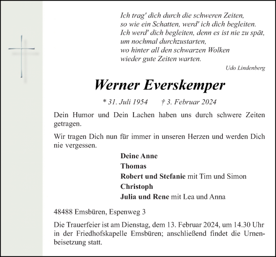 Traueranzeige von Werner Everskemper von Neue Osnabrücker Zeitung GmbH & Co. KG