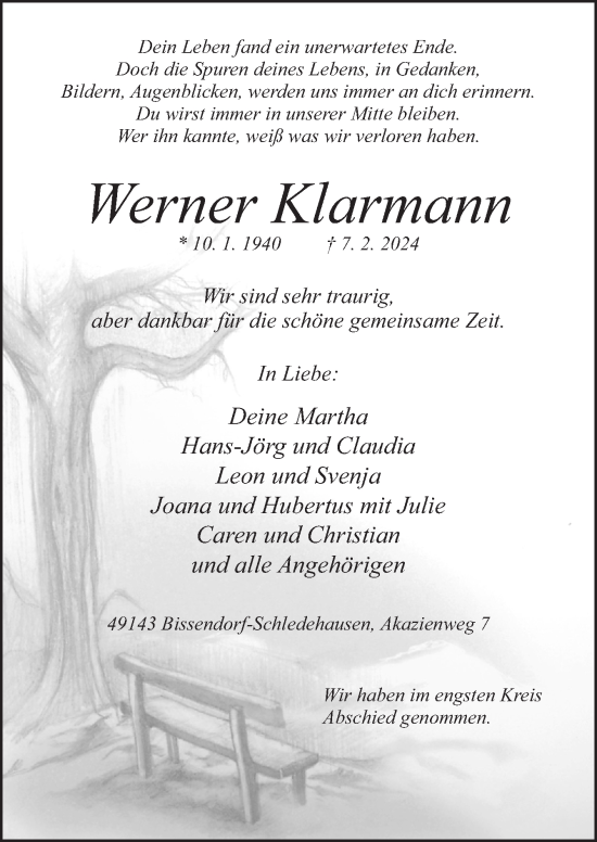 Traueranzeige von Werner Klarmann von Neue Osnabrücker Zeitung GmbH & Co. KG