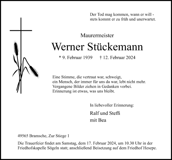 Traueranzeige von Werner Stückemann von Neue Osnabrücker Zeitung GmbH & Co. KG