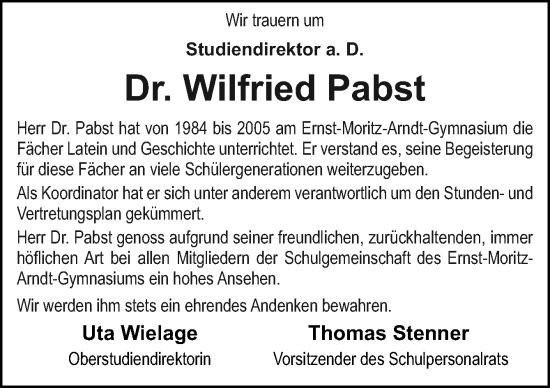 Traueranzeige von Wilfried Pabst von Neue Osnabrücker Zeitung GmbH & Co. KG