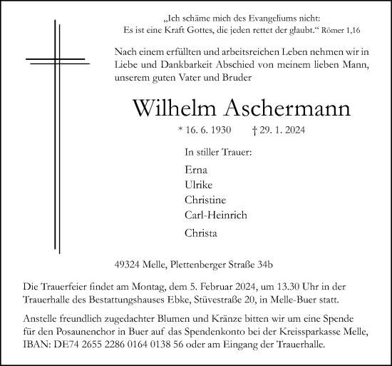 Traueranzeige von Wilhelm Aschermann von Neue Osnabrücker Zeitung GmbH & Co. KG