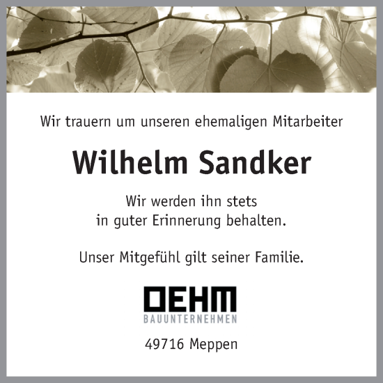 Traueranzeige von Wilhelm Sandker von Neue Osnabrücker Zeitung GmbH & Co. KG