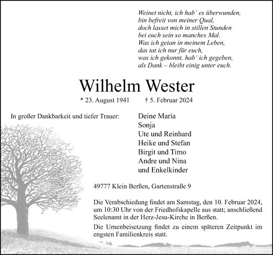 Traueranzeige von Wilhelm Wester von Neue Osnabrücker Zeitung GmbH & Co. KG