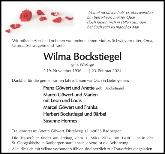 Traueranzeige von Wilma Bockstiegel von Neue Osnabrücker Zeitung GmbH & Co. KG