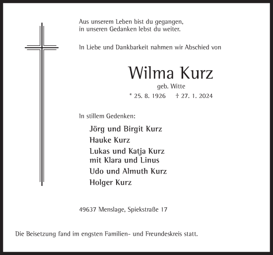 Traueranzeige von Wilma Kurz von Neue Osnabrücker Zeitung GmbH & Co. KG