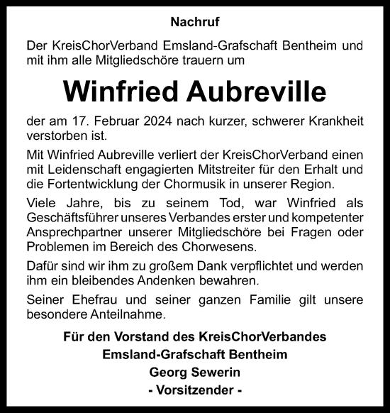 Traueranzeige von Winfried Aubreville von Neue Osnabrücker Zeitung GmbH & Co. KG