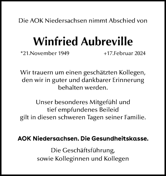 Traueranzeige von Winfried Aubreville von Neue Osnabrücker Zeitung GmbH & Co. KG