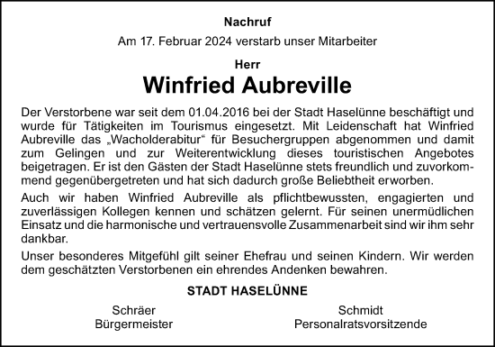 Traueranzeige von Winfried Aubreville von Neue Osnabrücker Zeitung GmbH & Co. KG