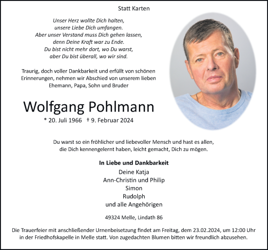 Traueranzeige von Wolfgang Pohlmann von Neue Osnabrücker Zeitung GmbH & Co. KG