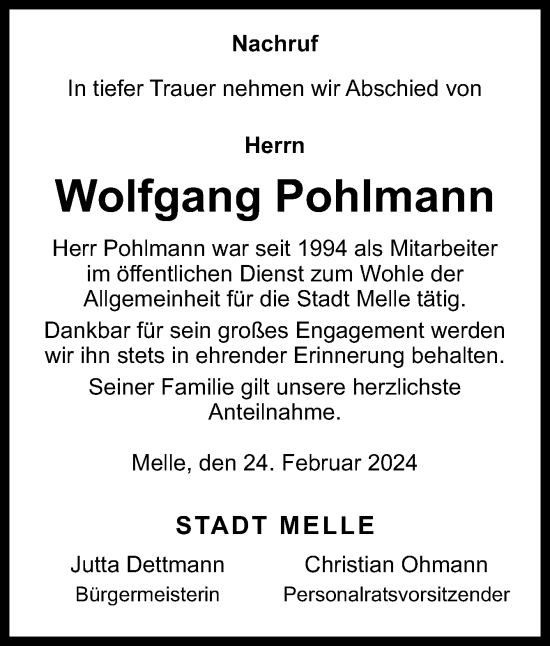 Traueranzeige von Wolfgang Pohlmann von Neue Osnabrücker Zeitung GmbH & Co. KG