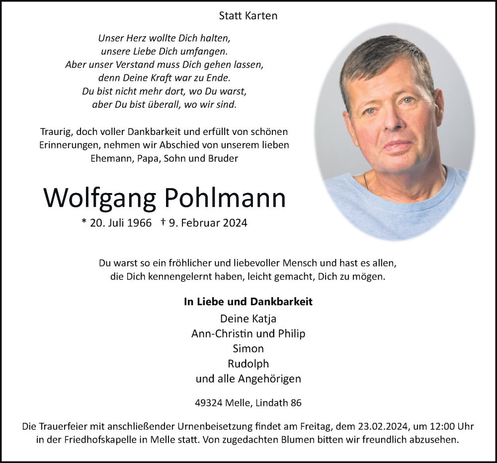  Traueranzeige für Wolfgang Pohlmann vom 17.02.2024 aus Neue Osnabrücker Zeitung GmbH & Co. KG