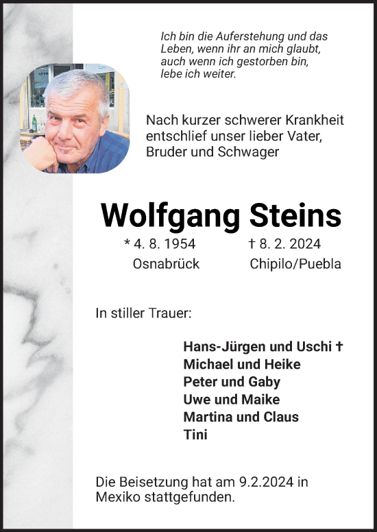 Traueranzeige von Wolfgang Steins von Neue Osnabrücker Zeitung GmbH & Co. KG